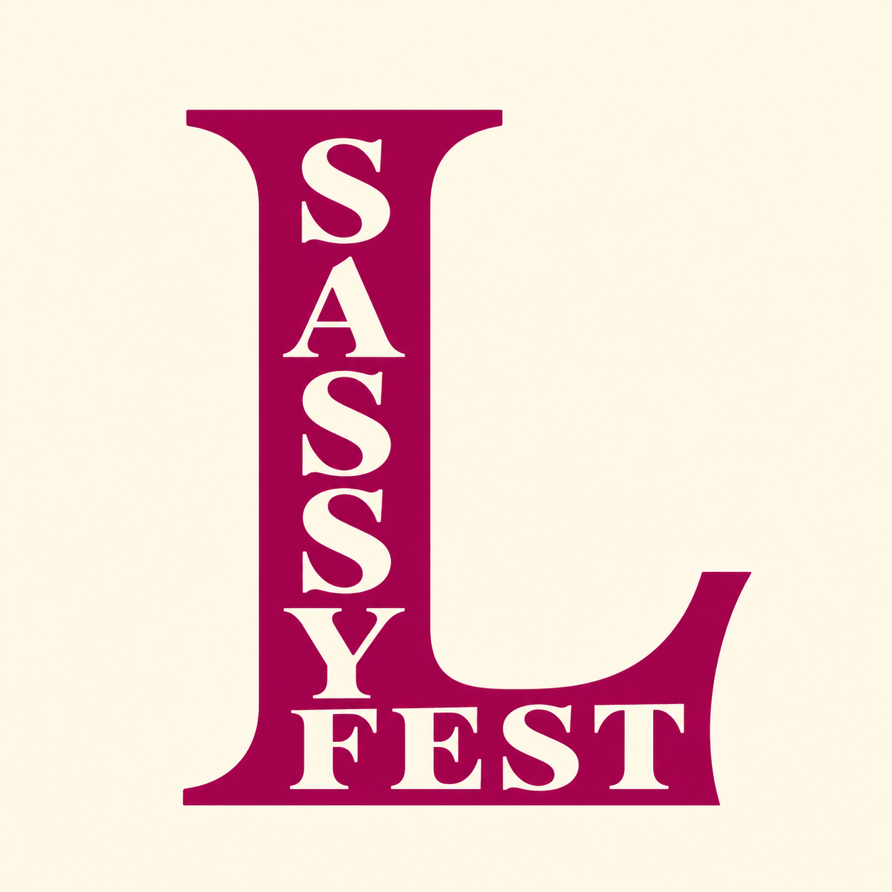 Sassyfest: SASSY stacked inside a magenta serif L, with FEST across the foot
